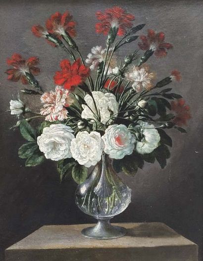 Ecole de Valence vers 1800 
Bouquets de fleurs dans un vase de verre soufflé sur...