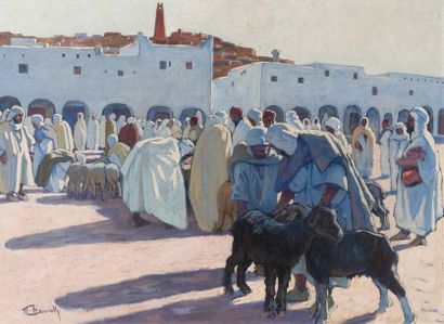 Maurice BOUVIOLLE (1893-1971) 
Marché à Ghardaïa Huile sur toile signée en bas à...