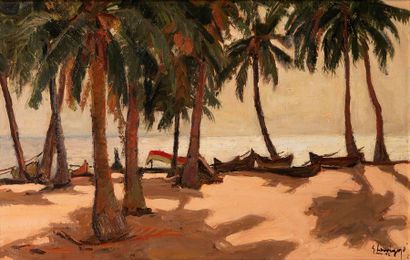 Gustave HERVIGO (1896-1993) 
Contrejour, plage Nogsi-be
Huile sur toile. Signé et...