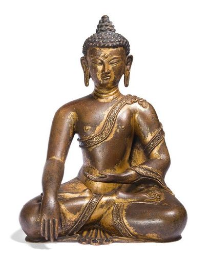 null Statue en bronze doré, représentant Bouddha assis en médiation, sur un lotus...