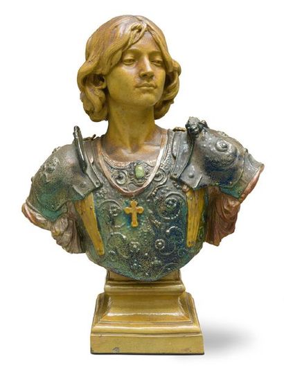 EMILE MULLER (1823-1889) 
Jeanne d'Arc en armure d'après Eugène ROBERT (1831-1912)
Céramique...