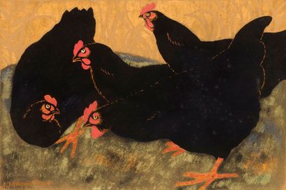 Georges MANZANA-PISSARO (1871-1961) 
Quatre poules Pastel et or au pochoir et technique...
