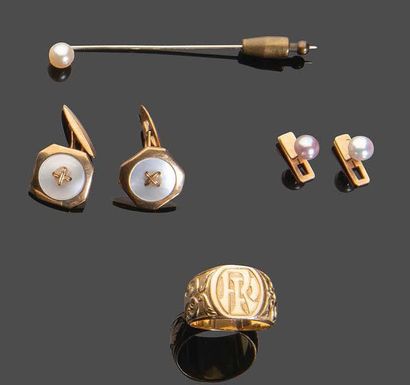 null Set including a pair of yellow gold ornament buttons, set with pearls, a yellow...