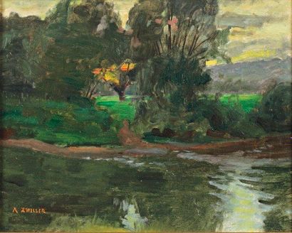SWILLER, Marie-Augustin (1850-1939) La rivière Huile sur carton signée en bas à gauche...