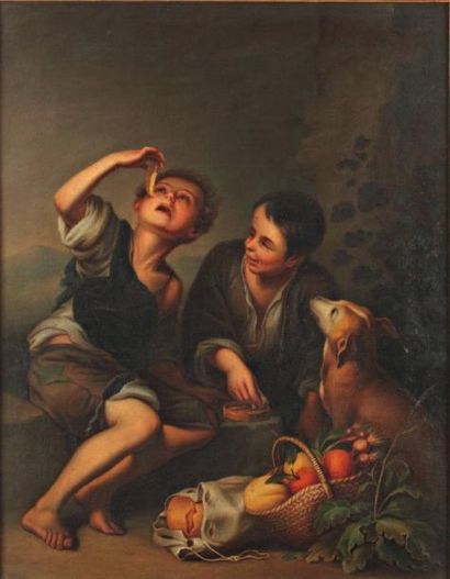 MURILLO (d'après) "Les mangeurs de pâtisserie" Huile sur toile H. 65 x 50 cm L'original...