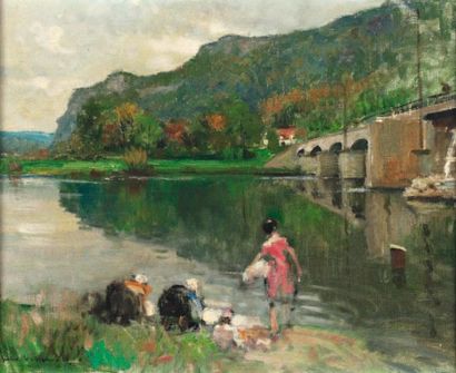 HERVÉ, Jules-René (1887-1981) Les lavandières Huile sur toile signée en bas à gauche,...