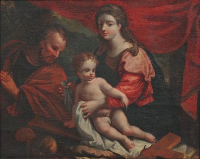 ÉCOLE DU XVII-XVIIIe siècle La Sainte Famille. Huile sur toile. H. 31 x 39 cm (vue)...