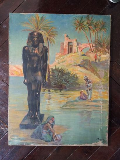 J. BAYAN (XXème siècle) Paysage imaginaire d'Egypte. 

Huile sur toile. Daté 1923...