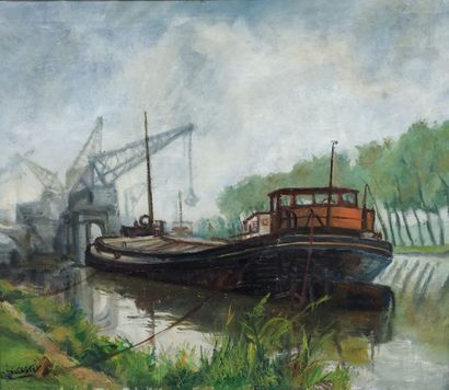 R. DECOSTER (XXème siècle) Le canal de Villevorde - 1949

Huile sur toile. Signé...