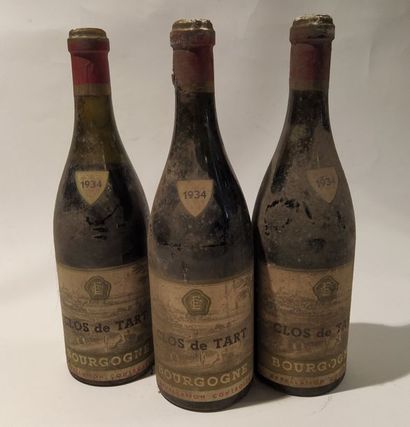 null 3 bouteilles Clos de Tart. Bourgogne appellation contrôlée - 1934. Niveau entre...