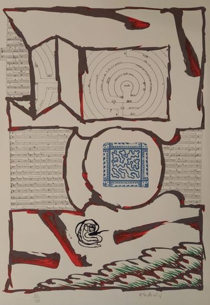 Pierre Alechinsky (né en 1927) Chûtes et panaches, avec extraits de partitions labyrinthiques...