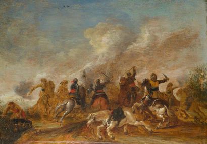 Esaias I VAN de VELDE (1587/91-c.1630) 
Choc de cavalerie
Huile sur panneau. Signé...