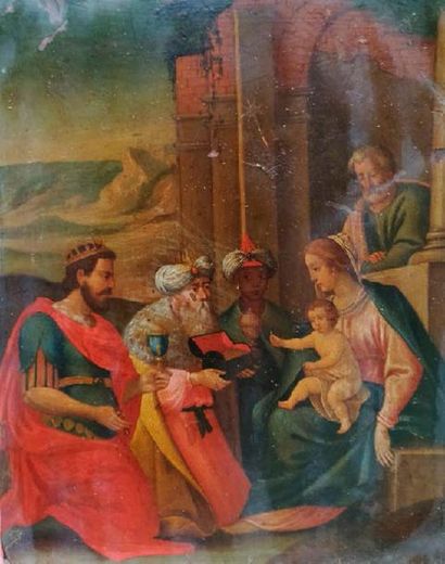 ECOLE ITALIENNE DU XVIIème SIECLE 
Adoration des mages
Huile sur cuivre 25,5 x 20,5...