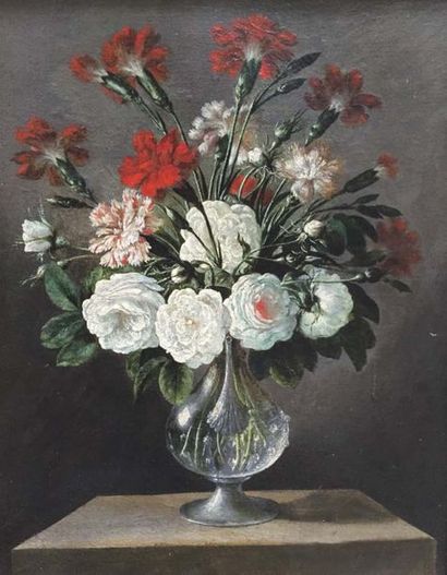 Ecole de Valence vers 1800 
Bouquets de fleurs dans un vase de verre soufflé sur...