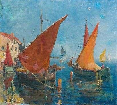 Georges LAPCHINE (1885-1950) 
Voiliers au port
Huile sur toile. Signé en bas à gauche...