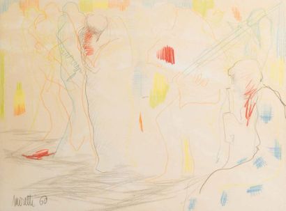 Raymond MORETTI (1931-2005) 
Composition aux personnages-1960
Crayons gras sur papier....