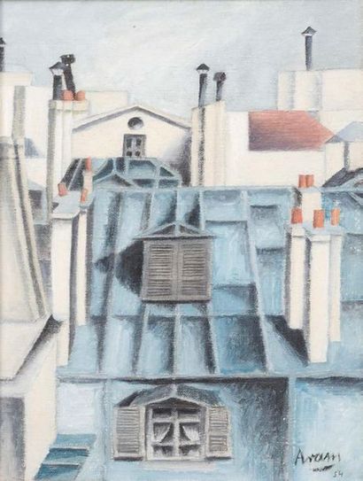 Michel ARAM (1908-1998) 
Toits bleus
Huile sur toile. Signé en bas à droite et daté...
