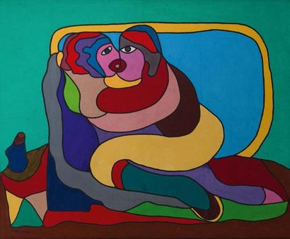 Pedro UHART (né en 1938) 
Amantes de mi pueblo
Acrylique sur toile. Signé en bas...