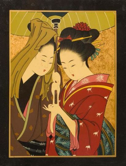 null Deux panneaux en laque à décor de geisha japonaise en polychromie sur fond doré....