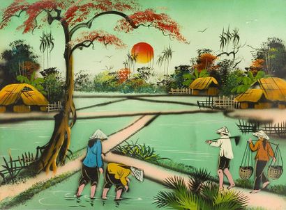 null Four small panels in polychrome lacquer decorated with lake villages.
Vietnam,...