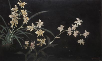 null Panneau en laque noir à décor polychrome en léger creux, d'orchidées.
Vietnam,...