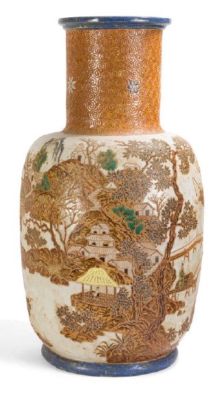 null Large vase decorated with country scenes in light relief incised in brown and...