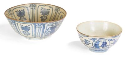 null Two blue/white porcelain bowls, one decorated with floral motifs in panels,...
