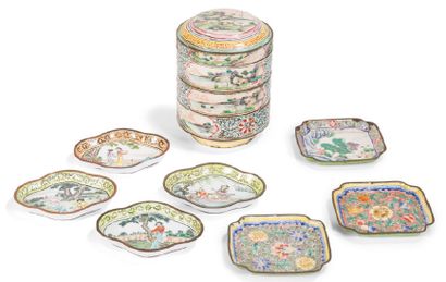 null Set in Canton enamels, including seven bowls and a candy box, decorated with...