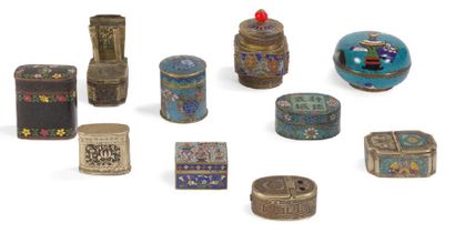 null Set of nine copper or cloisonné enamel on copper boxes and one in Canton enamels.
China,...