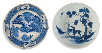 null Set including two bowls, one in blue and white porcelain decorated with deer...