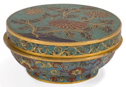 null Box base in polychrome cloisonné enamels on bronze with lotus decoration. Mark...