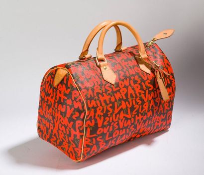 LOUIS VUITTON Speedy 30. Stephen Sprouse
Monogram Graffiti Canvas Handbag orange.
30x21x17...