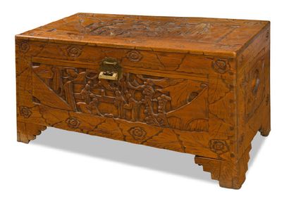 null Wooden chest carved with animated scenes of characters.
Vietnam, 20th century
Dim....