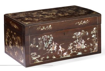 null Wooden box with mother-of-pearl inlays decorated with characters, landscapes,...