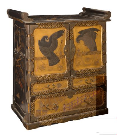 null Open cabinet with two doors and eight drawers, decorated with eagles perched...