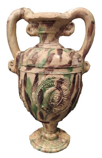 SAINTONGE Medici shaped vase in glazed terracotta resting on a pedestal with two...