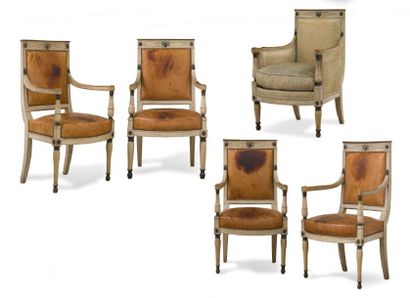 null Suite of four armchairs and a shepherdess in carved, moulded and relaquered...
