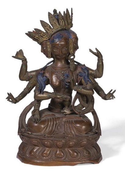 null Avalokitesvara en cuivre rouge brun, ancienne trace de laque en couleurs, à...