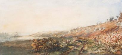 Paul HUET (Paris 1803 - 1869) Landscape on the hillsides
Watercolour on black pencil...