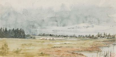 Paul HUET (Paris 1803 - 1869) Landscape with meadows crossed by a river
Watercolour,...