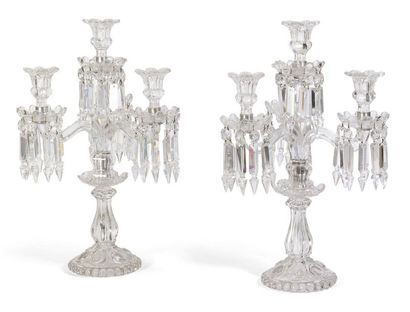 BACCARAT Pair of candelabra in cut and moulded pressed crystal with four lights,...