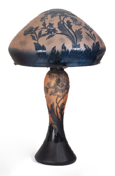 De VIANNE Mushroom lamp in acid-etched multilayer polychrome glass, floral and plant...