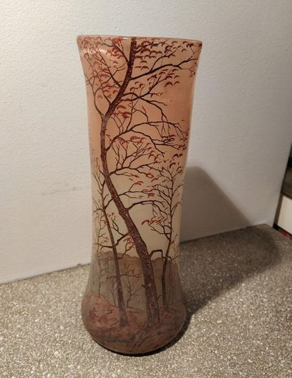 Dans le style DE LEGRAS Vase en verre à fond opacifié, décor d'arbres et feuillages.
H....