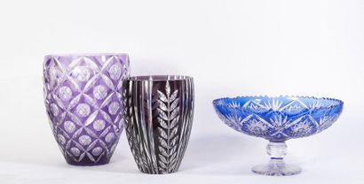 Cristallerie d'Albret A cup on a pedestal and two polychrome cut crystal vases with...