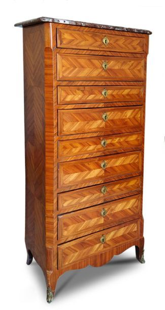 null Veneer and scroll marquetry chest of drawers with geometrical decoration opening...
