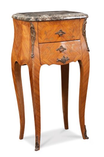 null Pair of bedside tables in veneer and marquetry with floral decoration opening...