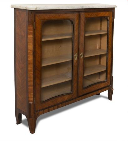 null Bookcase with support height in veneer wood and marquetry of fillets with geometrical...