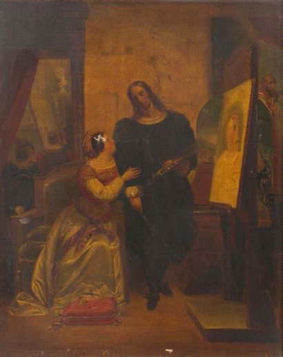 ECOLE FRANCAISE DU XIXème siècle Dans l'atelier
Huile sur toile (Accidents)
60 x...