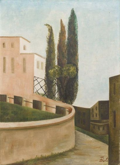 Ecole Française. XXème siècle Cypress
landscape Oil on canvas. Bears a signature:...