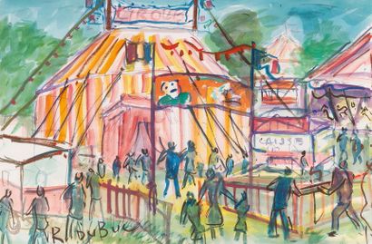 Roland DUBUC (1924 - 1998) Le cirque
Gouache sur papier. Signe en bas à gauche.
41...